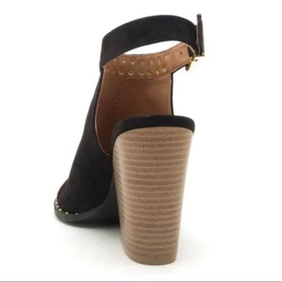 Gold Studded Black Slingback Peep Toe Block Heels - Picture 9 of 9